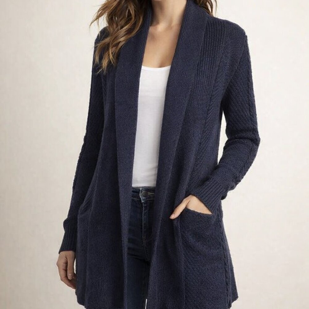 CAbi Women's Dark Blue Open Front Cardigan Front Pockets Chunky Size M